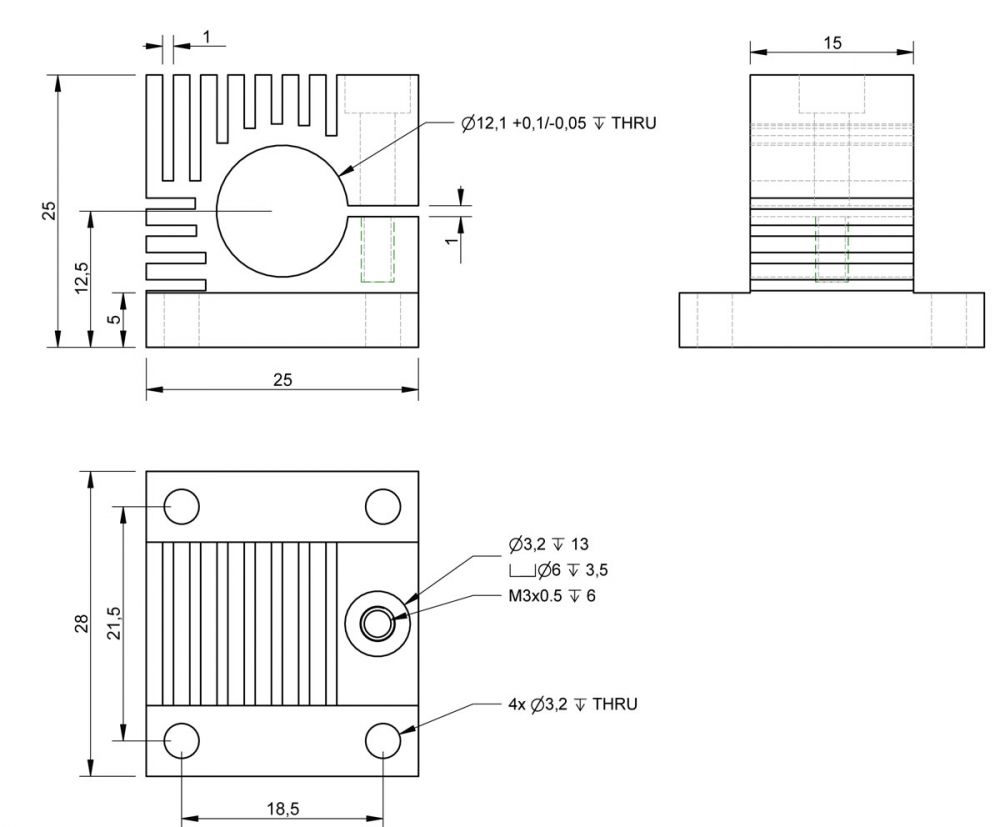 Halterung / Wärmesenke für 12mm Baugruppen und Lasermodule